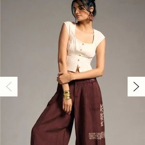 NIP Anthropologie Embroidered Parachute Pants in Cocoa Plum